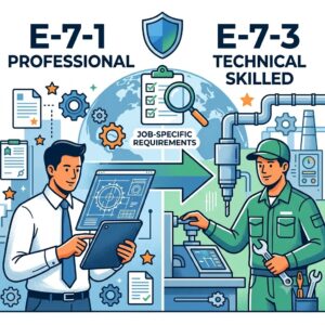 E-7-1 and E-7-3 should not be determined by years of experience alone; the company’s business, production process, actual duties, the worker’s education and experience, and the applicable salary requirements should all connect logically.